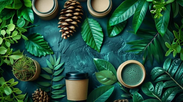 Several green plants in pots of various sizes and types, neatly arranged on a wooden table. The concept of ecology.