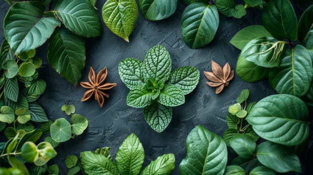 A few green plants and a box neatly laid out on a wooden table. The concept of ecology.