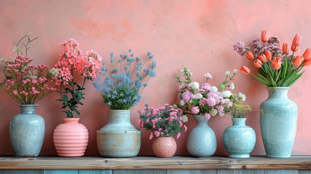 A line of vases showcasing a variety of vibrant colored flowers in bloom. Bright potted flowers on the background.