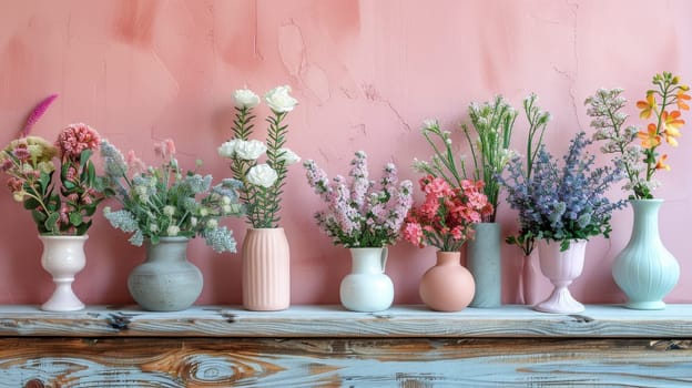 A line of vases showcasing a variety of vibrant colored flowers in bloom. Bright potted flowers on the background.