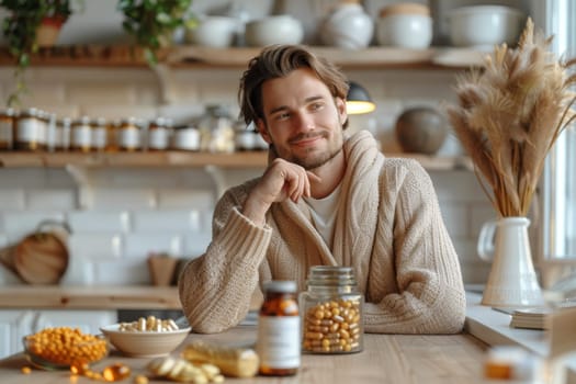 A man is sitting at a table in a home interior. Next to the man there are different vitamins in jars on the table.