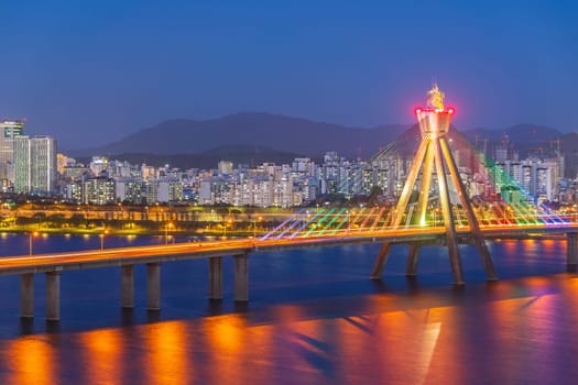 Skyline of seoul, the capital city of south korea with Han River at sunset