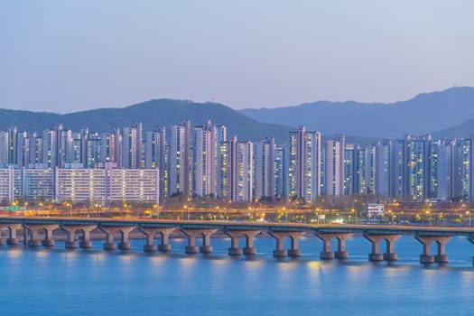 Skyline of seoul, the capital city of south korea with Han River at sunset