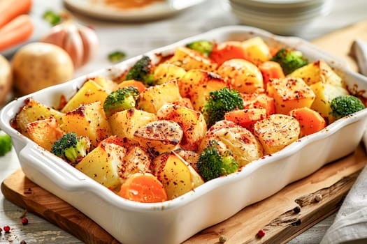 Homemade vegetable casserole of potatoes, carrots and broccoli with spices and cheese in a baking dish, on the table, in the kitchen. Healthy diet.