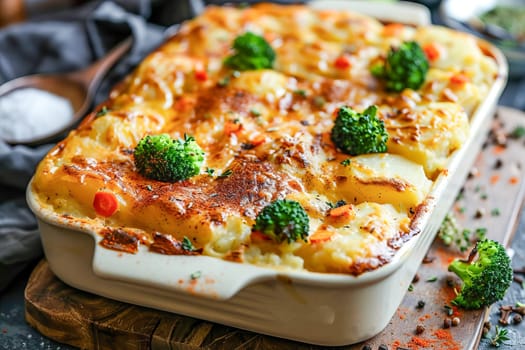 Homemade vegetable casserole of potatoes, carrots and broccoli with spices and cheese in a baking dish, on the table, in the kitchen. Healthy diet.