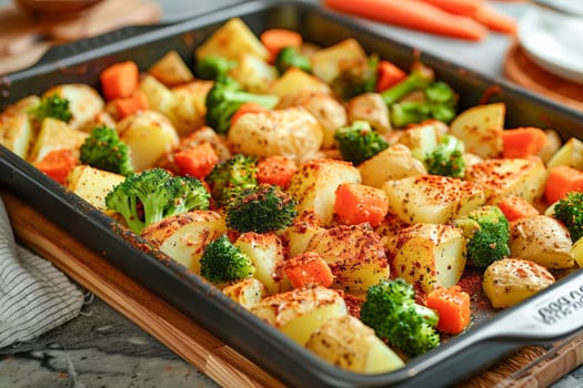 Homemade vegetable casserole of potatoes, carrots and broccoli with spices and cheese in a baking dish, on the table, in the kitchen. Healthy diet.