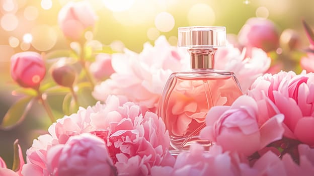 Perfume bottle in flowers, fragrance on blooming background, floral scent and cosmetic product idea