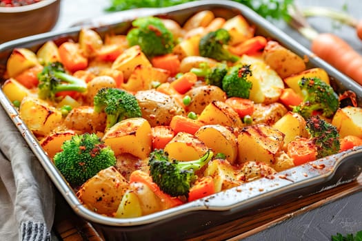 Homemade vegetable casserole of potatoes, carrots and broccoli with spices and cheese in a baking dish, on the table, in the kitchen. Healthy diet.