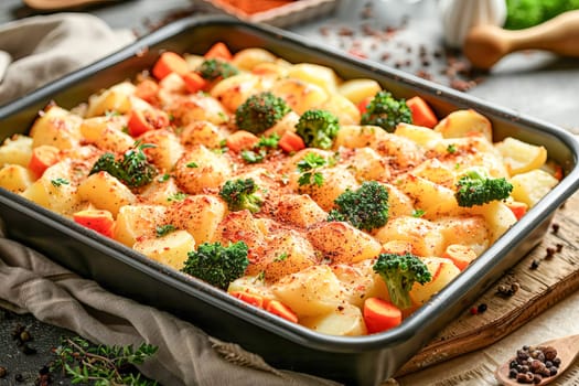 Homemade vegetable casserole of potatoes, carrots and broccoli with spices and cheese in a baking dish, on the table, in the kitchen. Healthy diet.