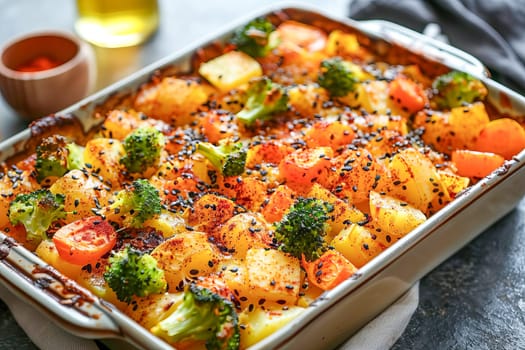 Homemade vegetable casserole of potatoes, carrots and broccoli with spices and cheese in a baking dish, on the table, in the kitchen. Healthy diet.