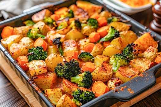 Homemade vegetable casserole of potatoes, carrots and broccoli with spices and cheese in a baking dish, on the table, in the kitchen. Healthy diet.