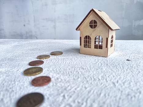 A miniature house and path of metal coins leading to it. The concept of savings and investments in real estate or savings