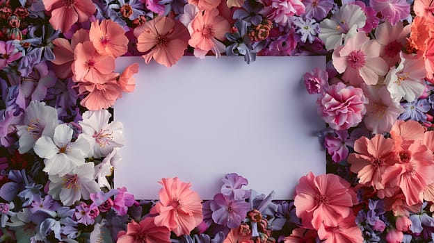 A white card is nestled within a vibrant display of pink and purple flowers, creating a stunning contrast of colors in a beautiful arrangement of woody plants and groundcover