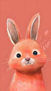 A closeup image of a rabbit with long ears, whiskers, and a fawncolored fur on a pink background. This terrestrial animal is commonly associated with Easter bunny and often confused with hares