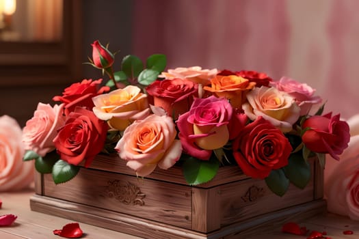 box with beautiful red roses .
