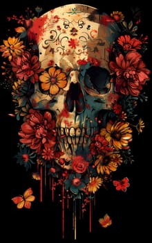 An artistic painting featuring a skull surrounded by vibrant flowers, butterflies, and magenta petals on a dark background, creating a striking contrast and a beautiful floral arrangement
