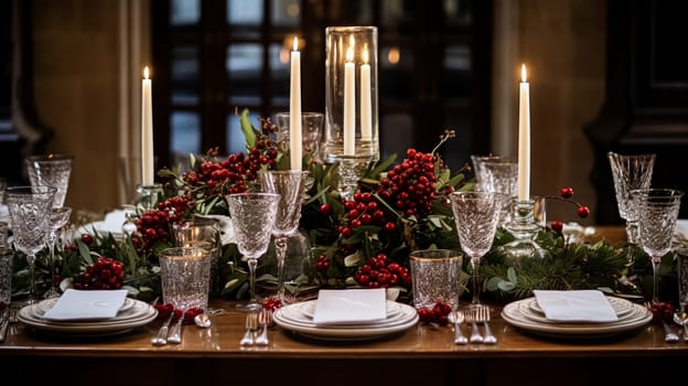 Christmas at the manor, holiday tablescape and dinner table setting, English countryside decoration and festive interior decor