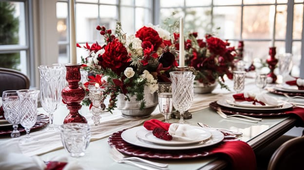 Christmas at the manor, holiday tablescape and dinner table setting, English countryside decoration and festive interior decor