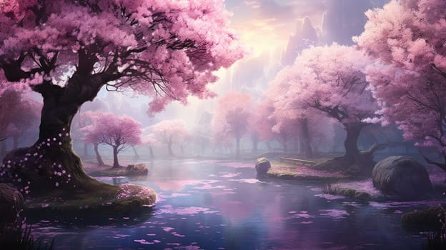 Cherry blossom watercolor illustration - AI generated. Pink, cherry, blossom, river.