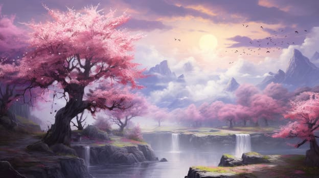 Cherry blossom watercolor illustration - AI generated. Pink, cherry, blossom, river.