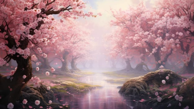 Cherry blossom watercolor illustration - AI generated. Pink, cherry, blossom, river.