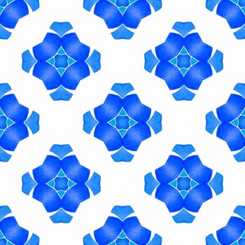 Textile ready stunning print, swimwear fabric, wallpaper, wrapping. Blue fetching boho chic summer design. Ethnic hand painted pattern. Watercolor summer ethnic border pattern.