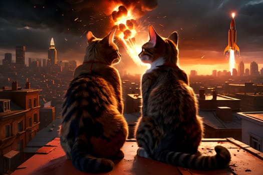 Two cats are sitting on the roof and looking at the burning city, there is a war .