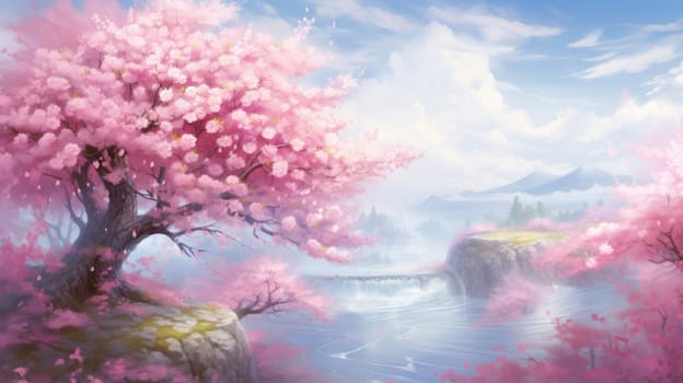 Cherry blossom watercolor illustration - AI generated. Pink, cherry, blossom, river.