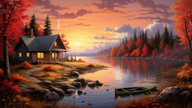 Cozy cabin by the lake watercolor illustration - AI generated. Lake, house, autumn, tree, sunset.