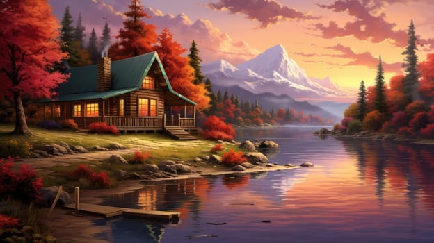 Cozy cabin by the lake watercolor illustration - AI generated. Lake, house, autumn, tree, sunset.