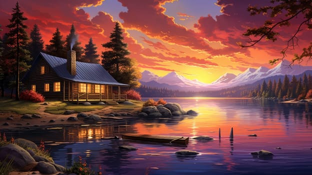 Cozy cabin by the lake watercolor illustration - AI generated. Lake, house, autumn, tree, sunset.