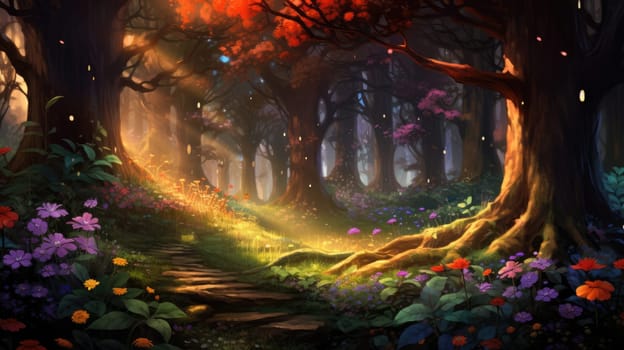 Enchanted forest watercolor illustration - AI generated. Forest, tree, colorful, flowers, sunbeams.
