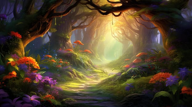 Enchanted forest watercolor illustration - AI generated. Forest, tree, colorful, flowers, sunbeams.