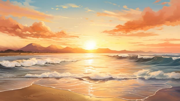 Golden hour watercolor illustration - AI generated. Ocean, wave, beach, palm, sunset.