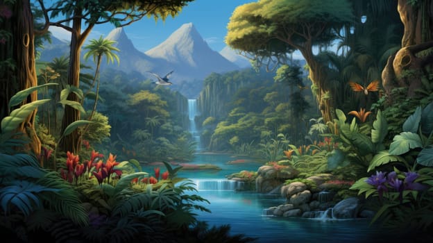 Lush tropical rainforest watercolor illustration - AI generated. Rainforest, river, waterfall, tree, mountain.