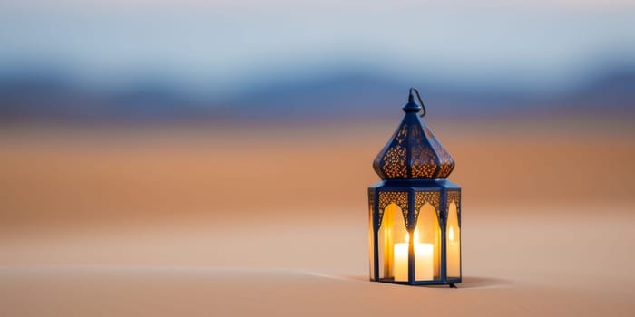 Lantern in the desert. Ramadan Kareem background.