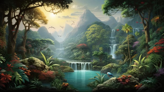 Lush tropical rainforest watercolor illustration - AI generated. Rainforest, river, waterfall, tree, mountain.