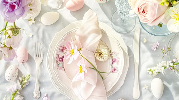 Easter tablescape decoration, floral holiday table decor for family celebration, spring flowers, Easter eggs, Easter bunny and vintage dinnerware, English country and home styling