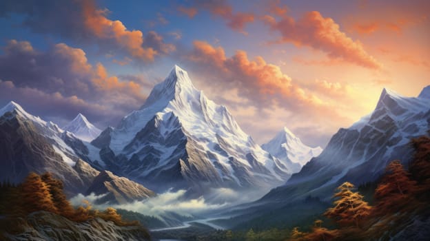 Majestic mountain peaks watercolor illustration - AI generated. Mountain, peak, snow, tree, sky.