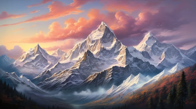 Majestic mountain peaks watercolor illustration - AI generated. Mountain, peak, snow, tree, sky.