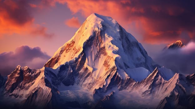 Majestic mountain peaks watercolor illustration - AI generated. Mountain, peak, snow, tree, sky.