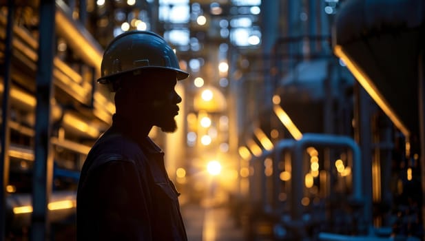 Silhouette of factory worker in front of industrial pipelines at night