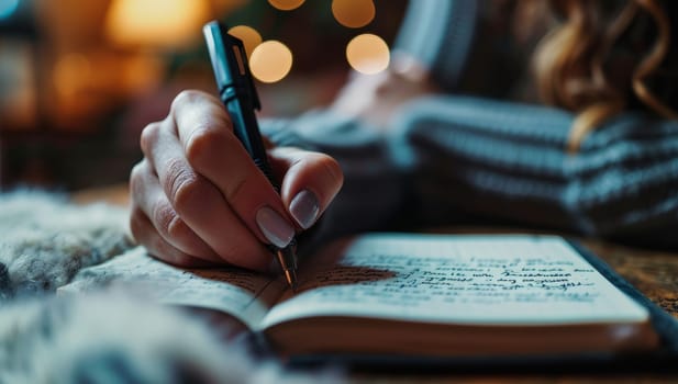 Woman journaling under bokeh lights