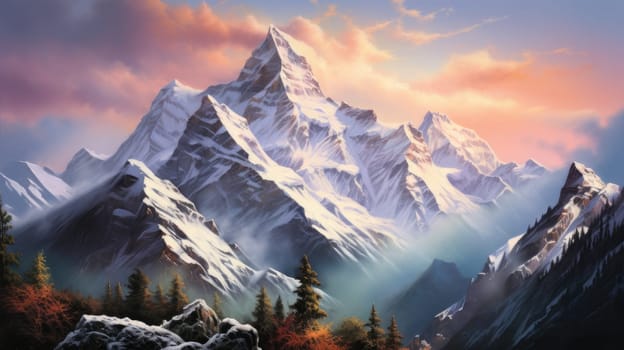 Majestic mountain peaks watercolor illustration - AI generated. Mountain, peak, snow, tree, sky.