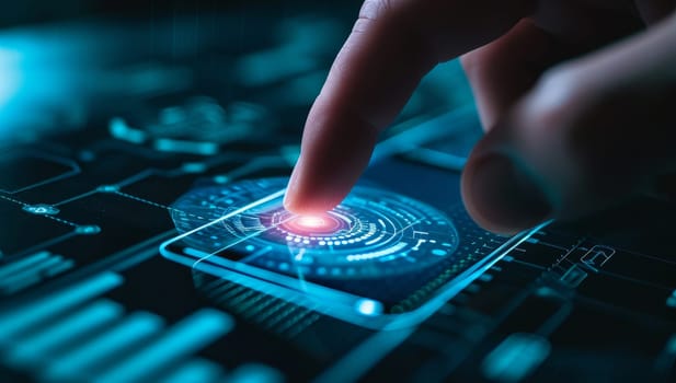 Finger touching digital tablet on dark background. Technology and communication concept