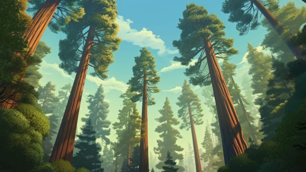 Majestic redwood forest watercolor illustration - AI generated. Forest, pines, tall, blue, sky.
