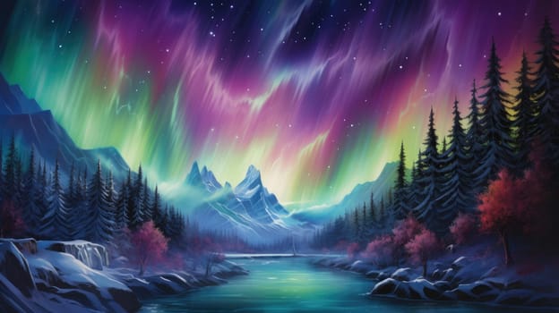 Mystical northern lights watercolor illustration - AI generated. Northern, lights, colorful, sky, mountain.