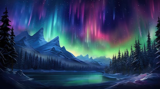 Mystical northern lights watercolor illustration - AI generated. Northern, lights, colorful, sky, mountain.