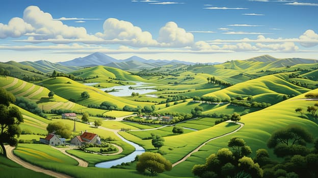 Rolling countryside hills watercolor illustration - AI generated. Green, hills, houses, mountain.