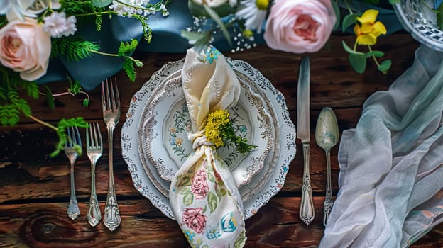 Easter tablescape decoration, floral holiday table decor for family celebration, spring flowers, Easter eggs, Easter bunny and vintage dinnerware, English country and home styling